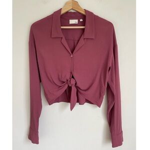 Burgundy Rouge Pink Wilfred Aritzia Tie Front Button Down Crop Shirt Blouse Sz S